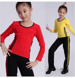Blue red yellow fuchsia hot pink black patchwork long sleeves long pants girls kids children school play gymnastics performance sports dance costumes outfits